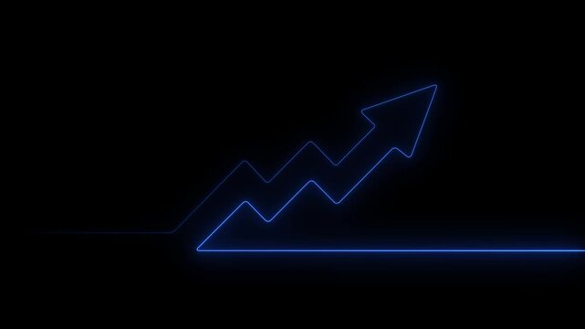 Abstract neon arrow business graph chart icon animation background. Market Recovery Concept. Successful growth trend Green line graph going Up. on the black, background Financial data and diagrams.