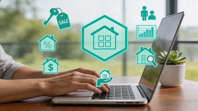 Real estate agent searching property listings online, digital home sale icons floating over laptop keyboard, modern housing market concept