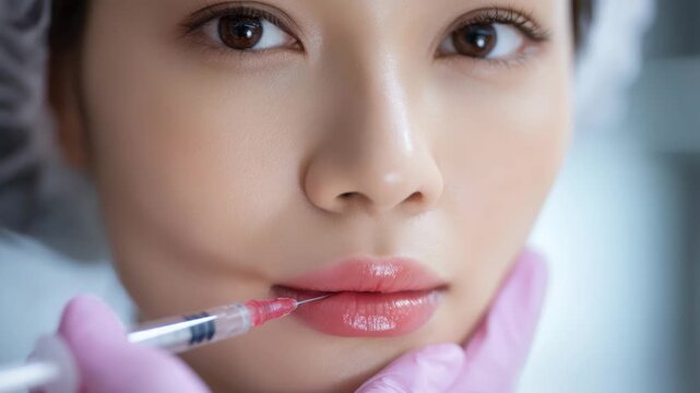 Lip Filler Injection Close-up of Asian Woman Receiving Cosmetic Treatment for Lip Augmentation