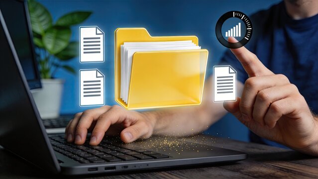 Digital file management system, yellow folder icon with documents, cloud storage concept, data organization, business administration, paperwork processing, computer user