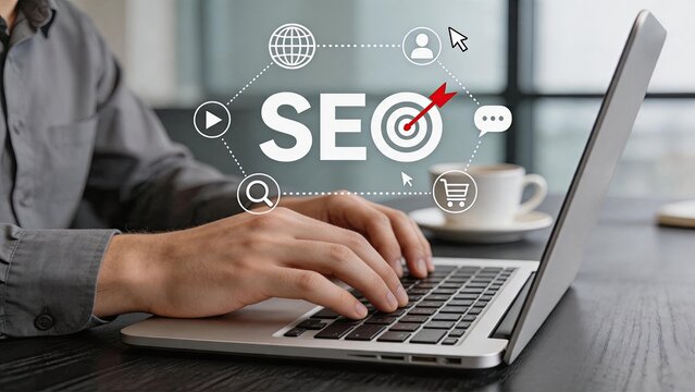 SEO search engine optimization concept, digital marketing strategy, website traffic growth, target audience reach, online visibility improvement, content creation, social media