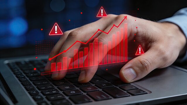 Cyber security concept with red warning signs, rising data breach graph and alerts over laptop keyboard, digital threat protection, hacker attack risk management, network safety