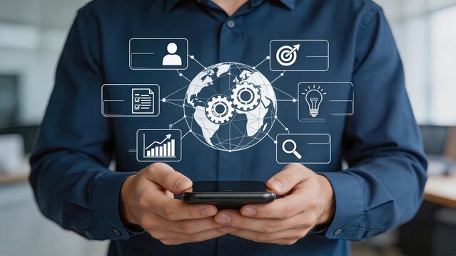 Man holding smartphone with global network connection icons, representing international business communication and digital technology integration worldwide.