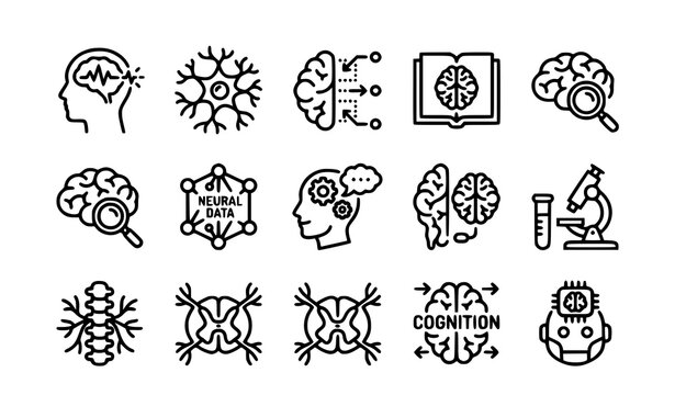 Minimal neurology brain outline icon collection with neuroscience and cognitive medical vector graphics