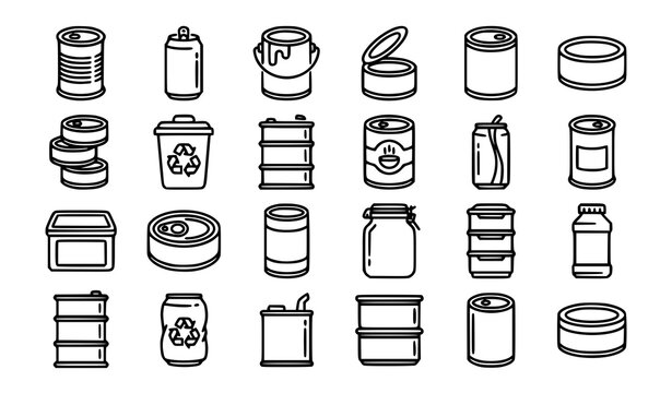 Tin can outline icon vector set with metal container packaging and food storage symbols
