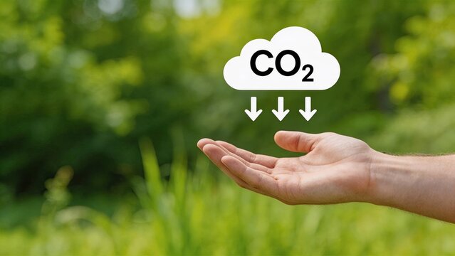 Human hand holding CO2 cloud icon with arrows pointing down, symbolizing carbon footprint reduction and climate action in nature environment.