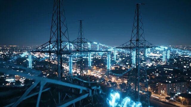 Power lines at night, glowing energy flows through city