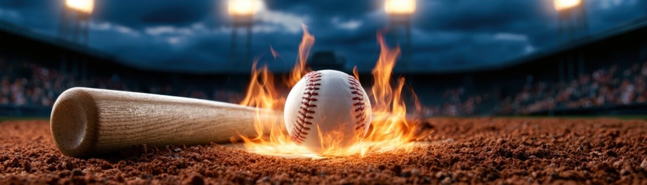 baseball and wooden bat sitting on  stadium infield dirt covered in bright orange flames