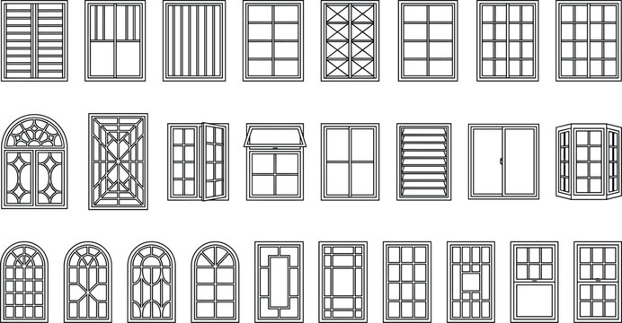House window frame types vector illustration collection set with classic arched square modern and shutter designs isolated on white background black outline linear style
