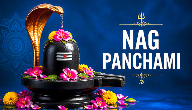 Nag panchami celebration with shiva lingam, cobra, and fresh flowers on blue
