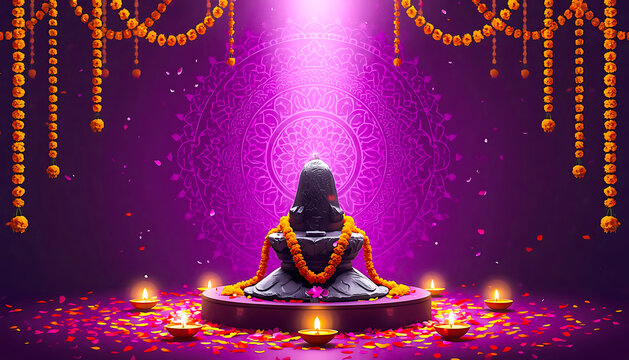 Shiva lingam with marigold garlands, lit diyas, and flower petals on a purple