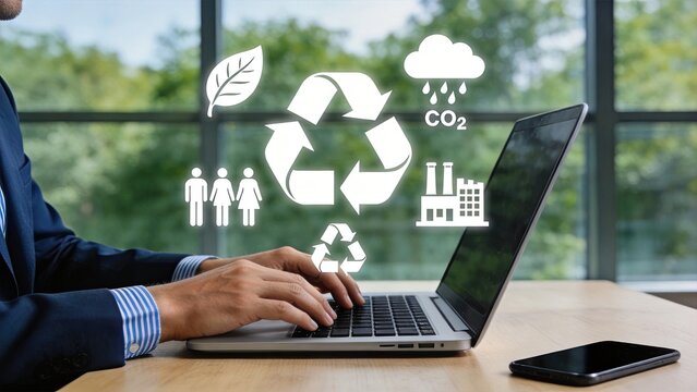 Environmental sustainability and recycling concept on laptop, green energy CO2 reduction and industrial ecology symbols, corporate social responsibility