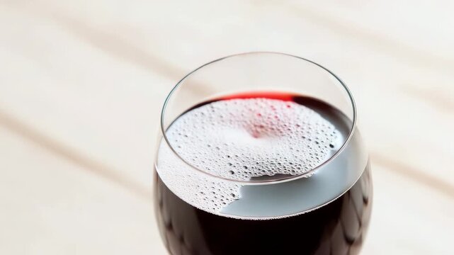 Pouring red wine into a glass in four steps on a wooden table, wine presentation concept