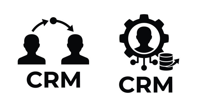 Crm customer relationship management icons with people and gears black silhouette