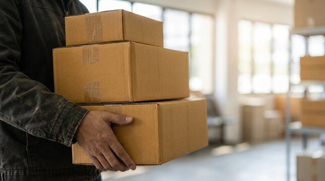 Close up of person carrying stack of various sized cardboard parcels in warehouse setting for logistics business shipping operations ecommerce fulfillment and distribution concepts.