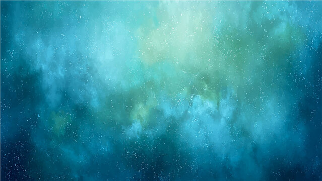 Abstract nebula in deep space with swirling blue and green cosmic clouds and tiny stars.