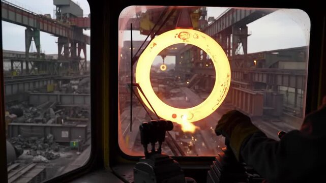 Professional cinematic POV shot from inside crane cabin gloved hands adjusting controls in foreground massive red hot steel ring visible outside glowing intensely with heat distortion sparks falling 