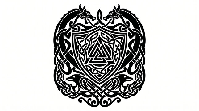 Viking Shield with Valknut Symbol Dragons and Ravens Celtic Knotwork Tattoo Design Vector
