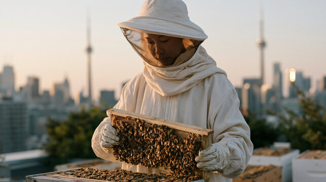 Urban rooftop beekeeper harvesting honeycomb frames above city skyline at golden hour, protective gloves on, hive boxes arranged on tar roof, towers in distance, sustainable urban agriculture and po