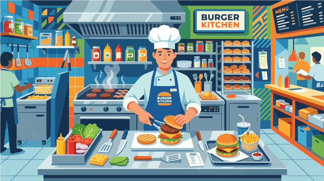 Skilled chef expertly preparing fresh, delicious burgers and fries in a bustling modern kitchen, showcasing the vibrant process of fast food creation and culinary artistry