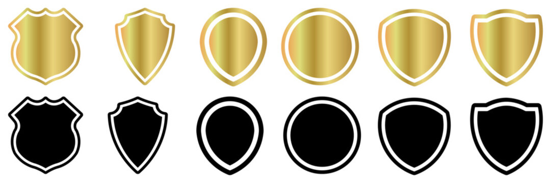 Golden color and Silhouette Shield and badge icon set variations