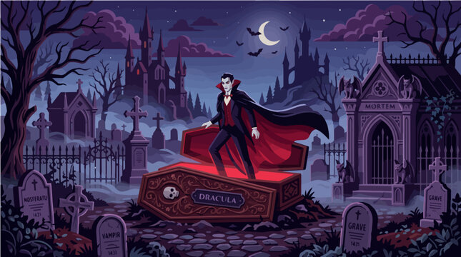 Mysterious vampire lord emerges from his crypt in a haunting gothic graveyard at twilight, surrounded by ancient tombstones and a distant castle