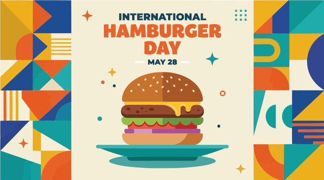 Vibrant Illustration Celebrating Global Burger Day on May 28th with a Delicious Layered Hamburger and Dynamic Geometric Background