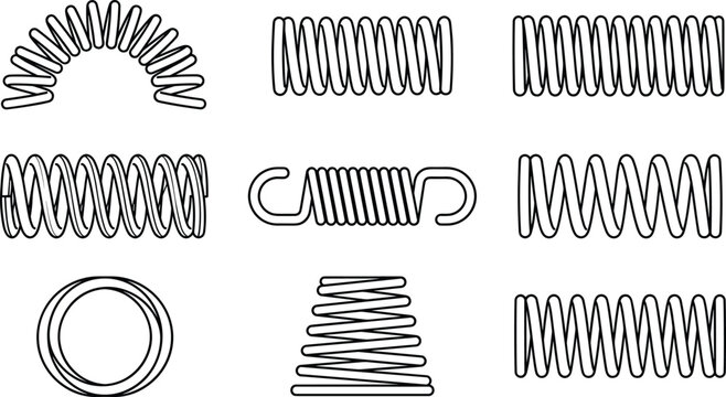 Mechanical coil spring illustrations with cylindrical, conical, spiral, hooked, and compressed engineering vector design concepts