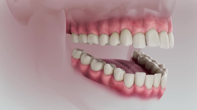An animation of orthodontic treatment demonstrating the correction of misaligned teeth and bite improvement. A professional visualization of dental procedures for achieving a perfect, straight smile.