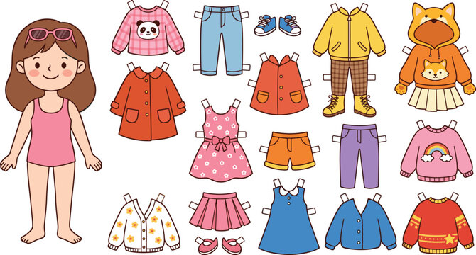 Paper doll illustration with mix-and-match clothing outfits, accessories, and playful fashion dress-up vector design concepts