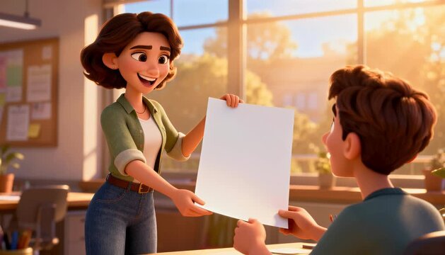 Teacher giving paper student classroom sunlight