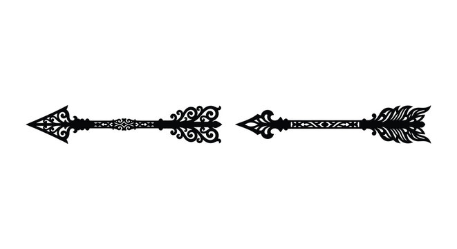 Two ornate arrow silhouettes with decorative feather fletching against a white background silhouette