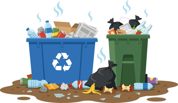 Recycling and garbage bin illustrations with overflowing trash, odor lines, and environmental cleanliness vector design concepts