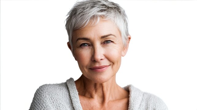portrait of a beautiful senior woman with short gray hair smiling at the camera