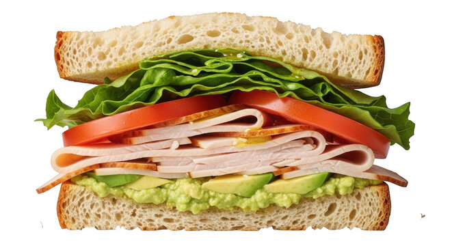 Fresh turkey sandwich with slices of tomato green lettuce and creamy avocado on whole wheat bread slice isolated on transparent background