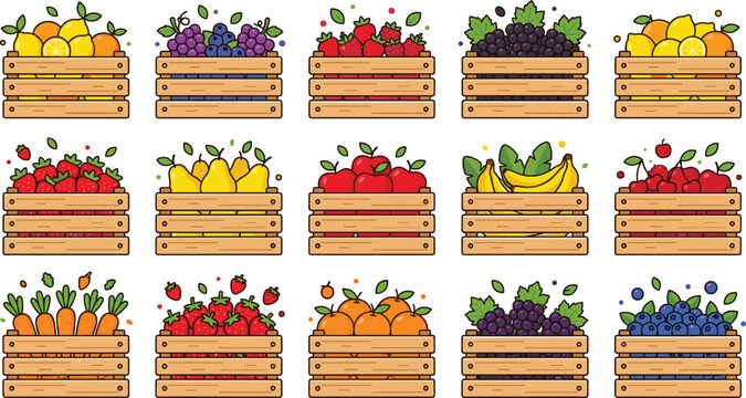 Wooden crate illustrations filled with colorful fruits and vegetables including apples, bananas, grapes, carrots, and berries