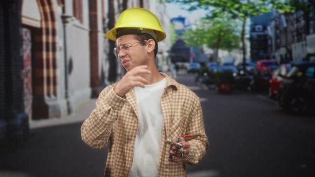 Man plumber with hardhat pinching nose and holding valve and pliers while wearing glasses on street facade; odor disgust.