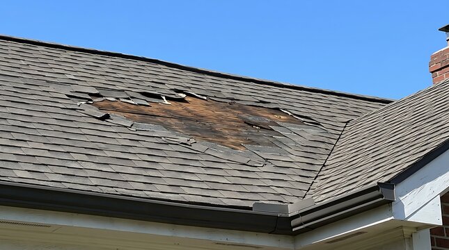 The main subject of the image is a large section of damaged and missing asphalt shingles on a residential roof, exposing the underlying plywood roof decking (sheathing)