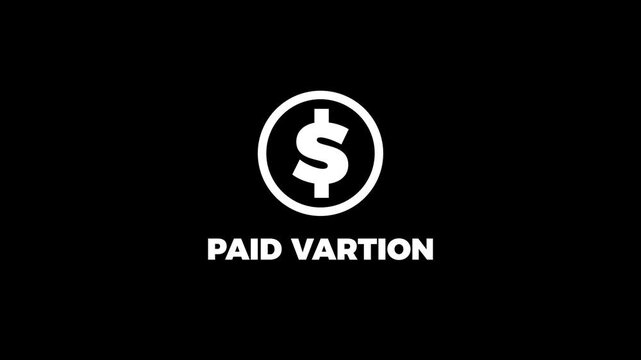 Minimalist dollar coin icon with paid variation text animation on black background, black money symbol, premium financial business motion graphics element.