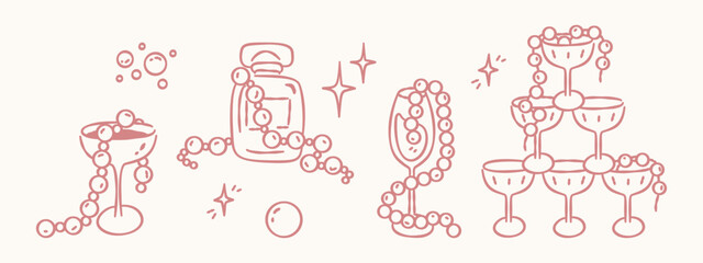 Elegant doodle set featuring champagne glasses, perfume bottle, and pearl necklaces in a cute line art style. © Illustartathome