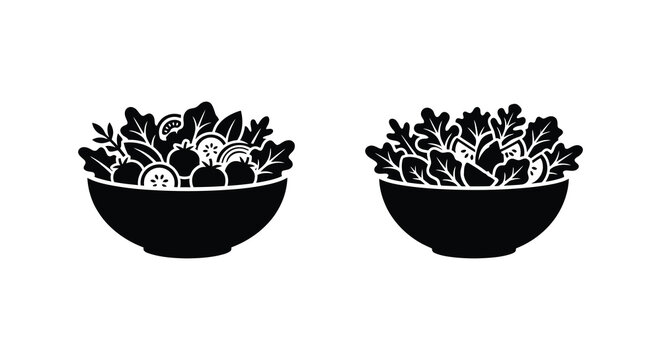 Two black silhouette bowls filled with fresh salad ingredients on a white background silhouette