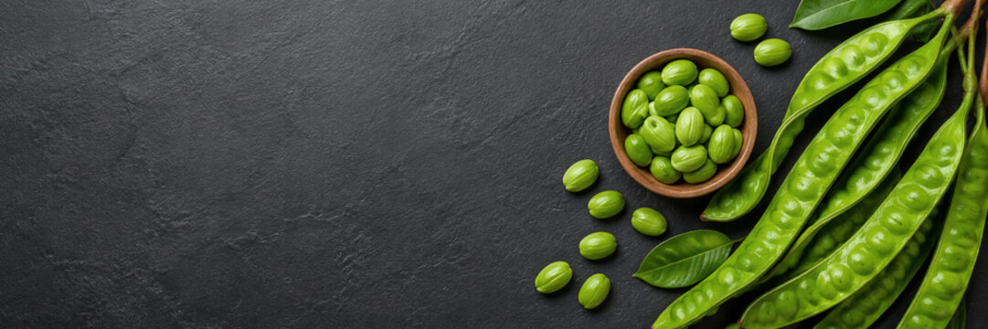 Fresh Petai Pods and Green Stink Beans on Dark Stone Background with Copy Space