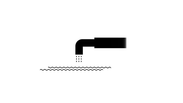 Minimalist water pipe silhouette discharging liquid into river, industrial waste drainage icon on white background, plumbing or irrigation vector symbol.