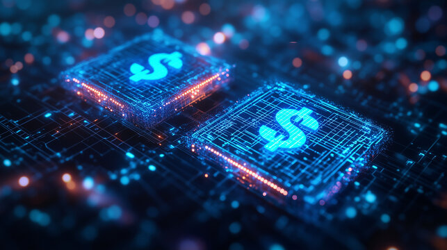 A futuristic, glowing blue cryptocurrency exchange chip is positioned on a circuit board background with a digital dollar symbol on the processor.