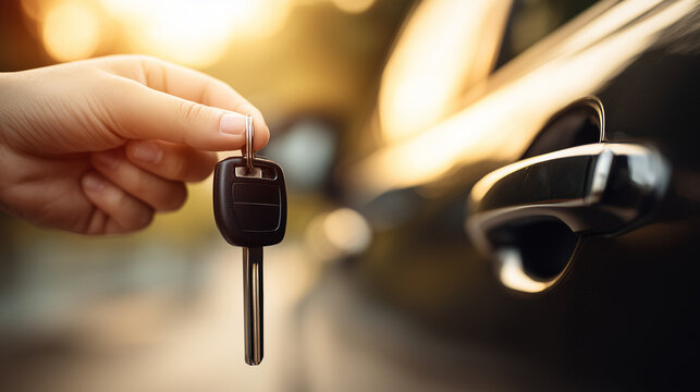 A close up image of a hand holding black car keys, against a blurry background in bright sunlight.
