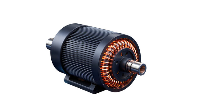 Electric motor with copper wire coils, industrial brushless DC motor for electric vehicles, high performance power engine component on white background