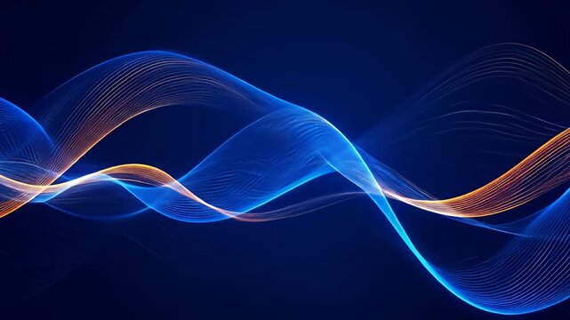 Abstract wavy blue and orange lines flow and undulate against a dark blue background