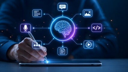 Fototapeta premium Artificial Intelligence Digital Brain Hologram Creative Content Generation Concept on Tablet Display