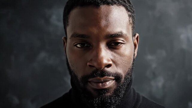 Serious black man with full beard wearing a black turtleneck