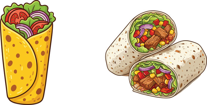 Delicious Mexican burrito and shawarma wrap vector set with grilled meat fresh lettuce tomato onion corn fillings in tortilla bread isolated on white background